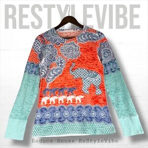WHIMSY ROSE Women’s Size M Shirt Top Waffle Knit Thermal Crewneck Elephant Print